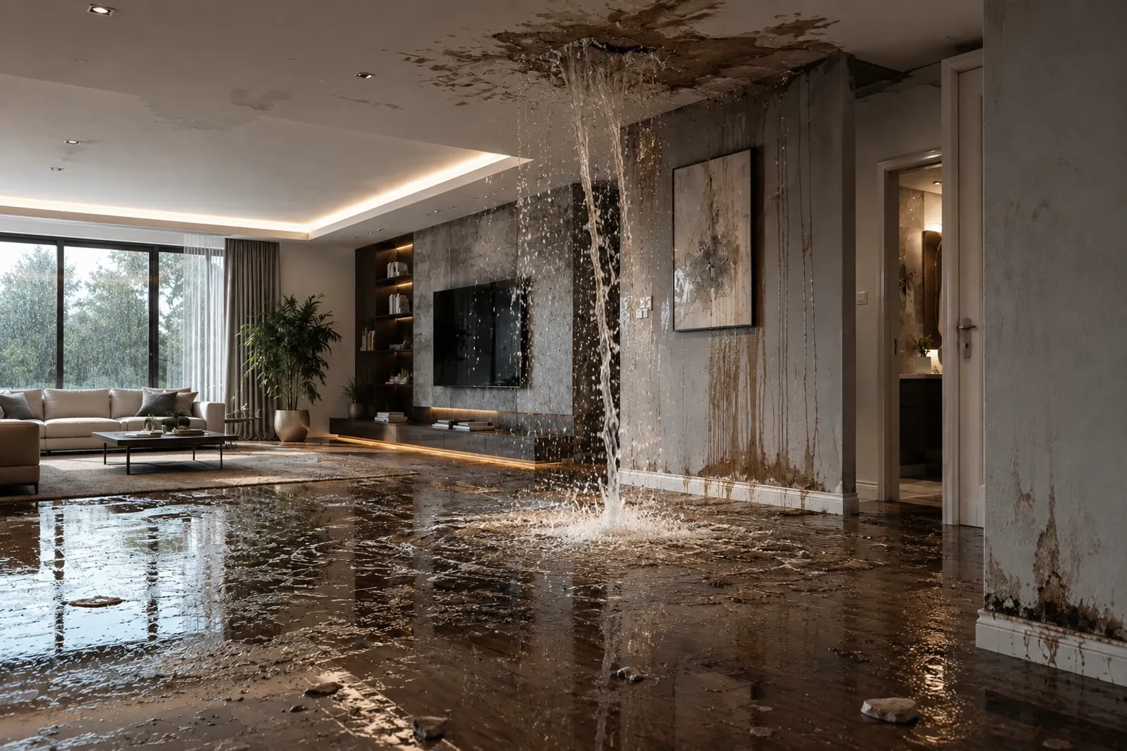 Wasserschaden in einer Wohnung — Wasser läuft durch die Decke